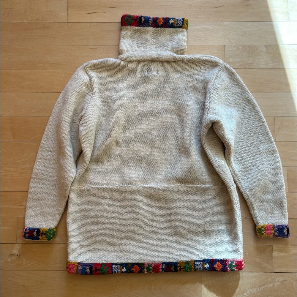 Amano 100% Wool Hand-Knit Funnel Neck Sweater Cream w/ Colorful Accents Size M/L - Picture 2 of 13